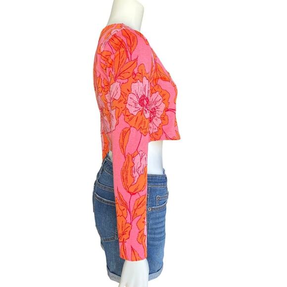 Zara Pink Orange Floral Jacquard Long Sleeve Crop Top Square Neck Size Large - Picture 3 of 7